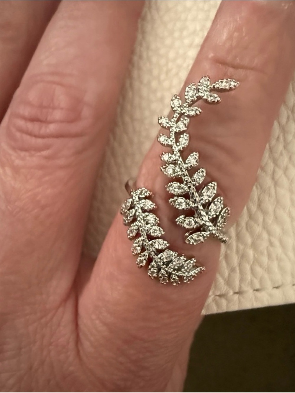 18K White Gold Filled Leaf Wrap Ring with White Lab Sapphires - Size Adjustable